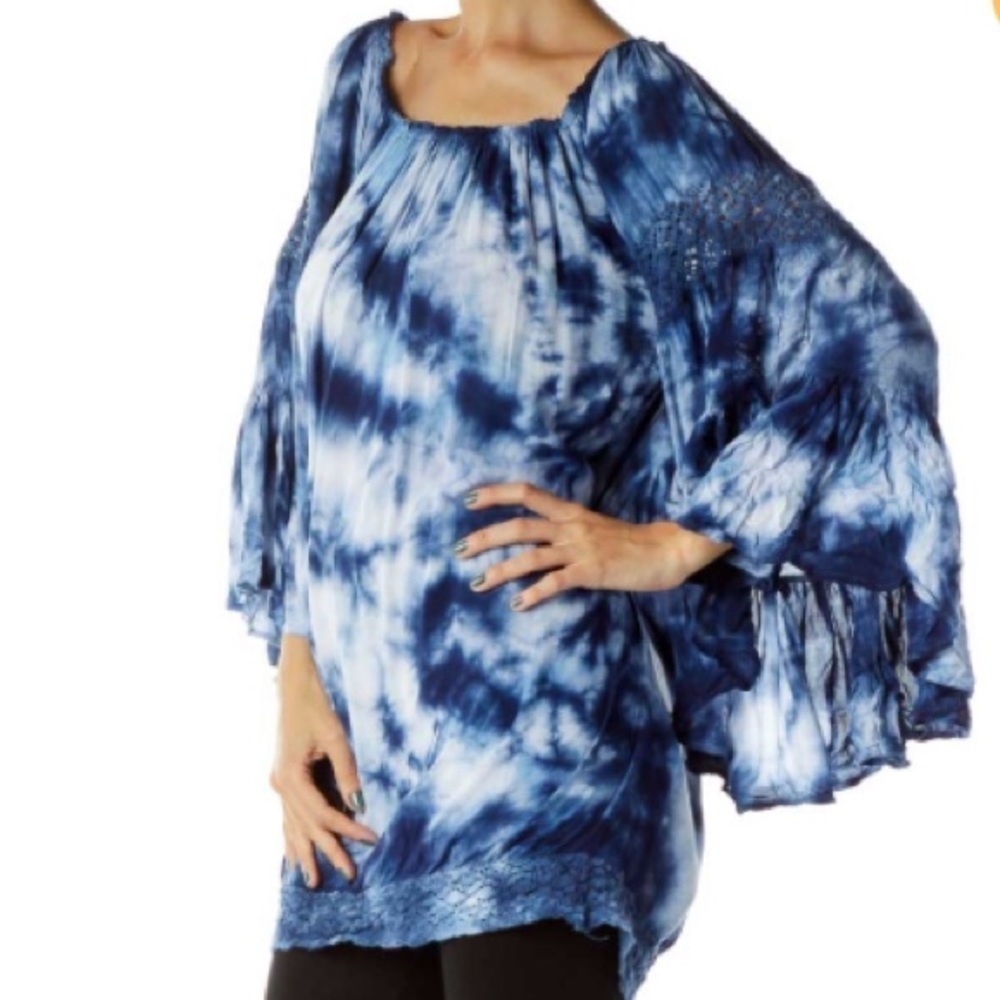 Surf Gypsy Boho Tie-Dye Off-Shoulder Ruffle Kimono Sleeve Tunic Top